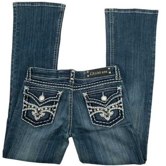 L.A. Idol Jeans Women's Size 9 Bootcut Frost Rhinestone Stitch Logo Bleu Denim - Picture 2 of 12